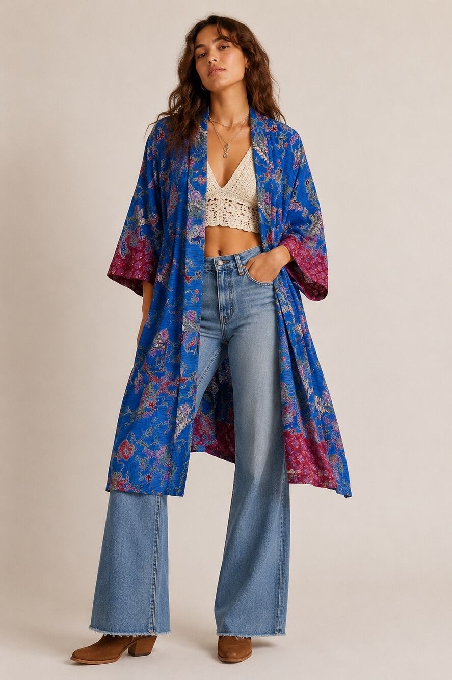 Vintage Artisinal Indonesian Batik Hand-Printed Kimono Duster Robe L Boho 70s